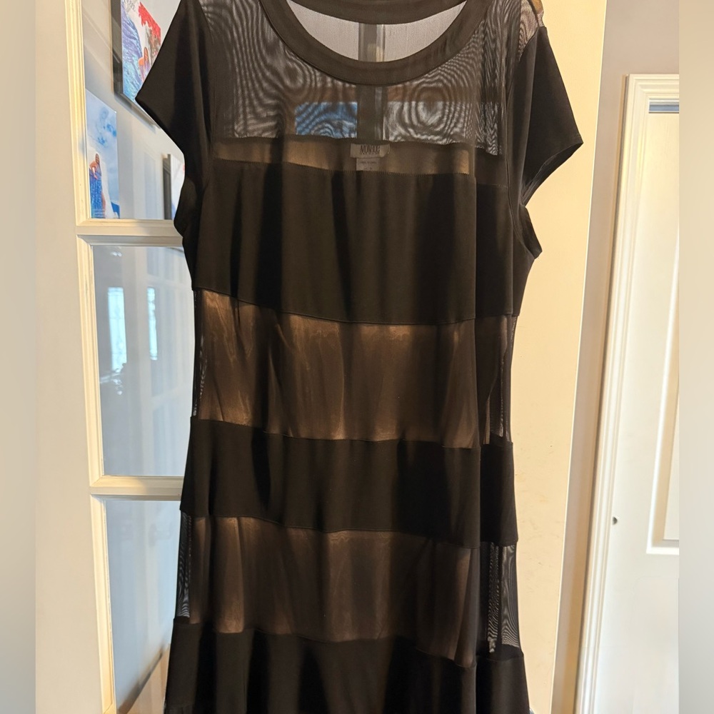 Black Sheer Panel Dress 1X Plus Size Flowy Short Sleeve Elegant